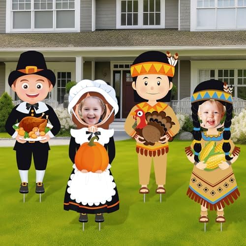 Yuntau 4 Pcs Large Thanksgiving Pilgrim Boy and Girl and Native American Boy and Girl Yard Sign Decor with Stakes Waterproof Outdoor Garden Pumpkin Turkey Yard Stake Autumn Lawn Decor,14 x 35 Inch - Image 4