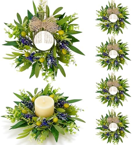 6 PCS Green Eucalyptus Olive Swag Wreaths for Pillars Spring Summer Greenery Kitchen Cabinet Wreaths Mini Green Boxwood Leaves Wreath with Ribbon for Front Door Porch Wall Window Farmhouse Decoration by Unknown