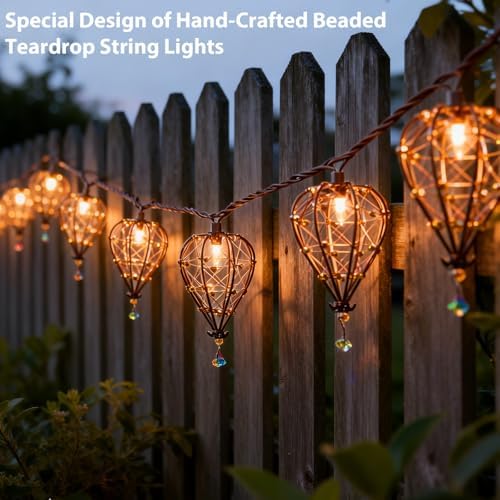 Outdoor Decorative String Lights, Beaded Copper Wire Teardrop Lantern String Lights, Incandescent Patio String Lights Plug in for Outside, Connectable Weatherproof for Home Pergola Bedroom Porch Party - Image 4
