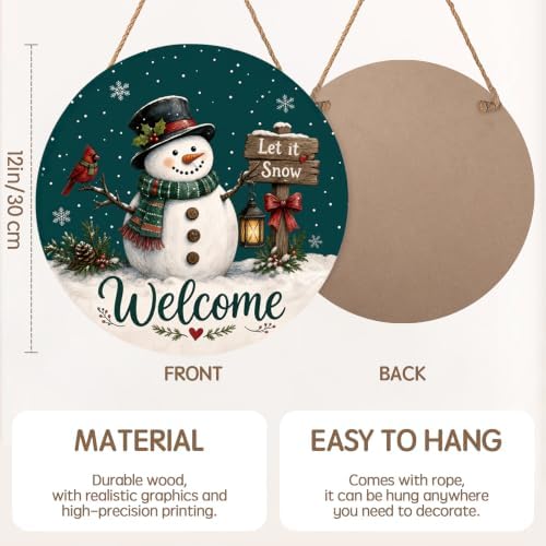 Winter Welcome Sign for Front Door Decor Christmas Snowflake Snowman Round Outdoor Hanging Wooden Door Sign for Porch Xmas Holiday Farmhouse Wreath Hanger Sign for Outside Indoor Wall Decoration 12"X12" - Image 2