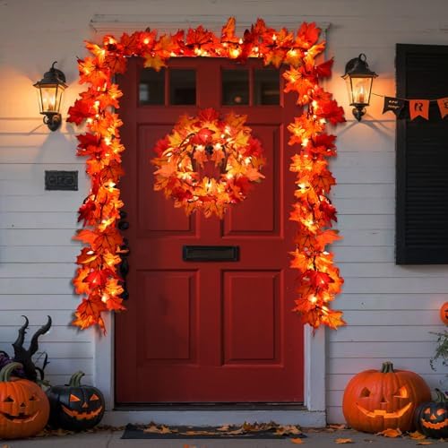 Efunly 3 Pack Fall Decorations Lighted Fall Garland,9FT 50 Count Incandescent Lights Brown Wire UL Certified Connectable Maple Leaves String Lights for Home Fireplace Mantle Thanksgiving Decor - Image 2