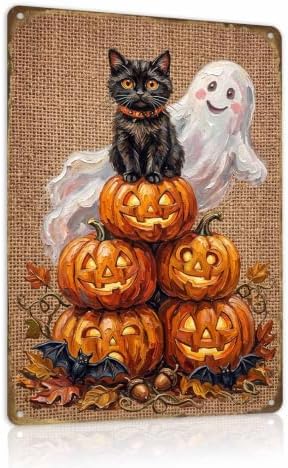 Vintage Halloween Metal Art Sign Black Cat & Pumpkin Wall Decor by Unknown