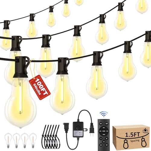 100FT Outdoor String Lights64+4 Bulbs,120W Dimmer Remote IP65 Watterproof by Porbench