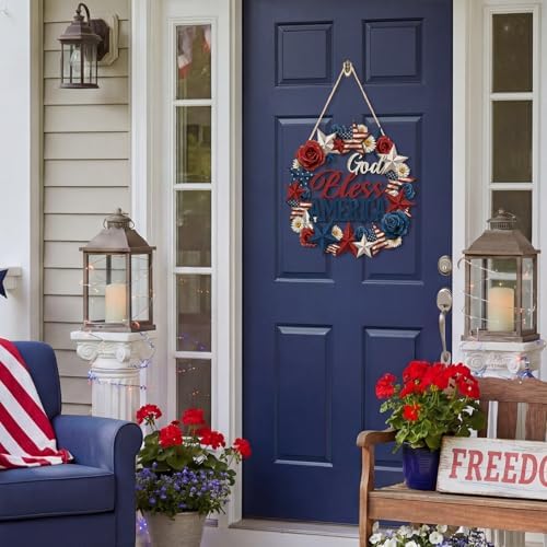 Yalikop 4th of July Wreaths Patriotic Decorations Wreaths for Front Door Wood Blue Red White God Bless America Sign Door Hanger Memorial Day Wreath Independence Day Porch Home Wall Decor - Image 5