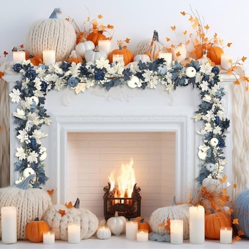 6ft Fall Decor Blue Pumpkin Garland Long Thanksgiving Garland Autumn Maple Leaves White and Blue Pumpkins Wreath Hanging Rustic Decor for Front Door Kitchen Fireplace Home Indoor Outdoor - Image 6