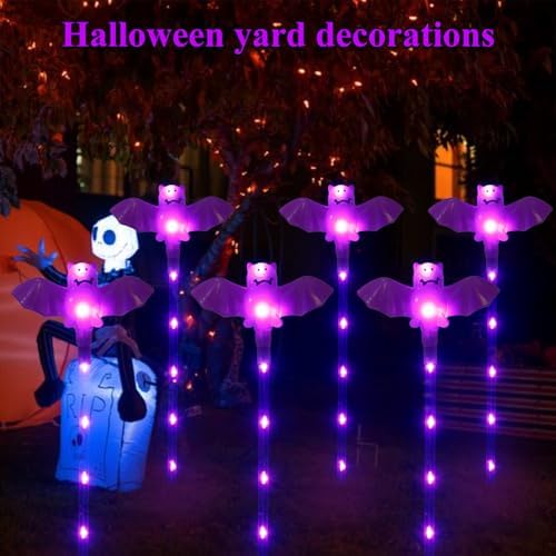 Halloween Decorations Outdoor Solar Bat Garden Lights,6 Pack 56LED Solar Halloween Bats Lights, Waterproof Solar Pathway Lights for Outside Patio Yard Lawn Grave Party Gifts Decor Purple - Image 6