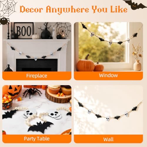 6.7 FT Halloween Decorations Garland with Bat and Skull Wooden Bead Decor - Image 4