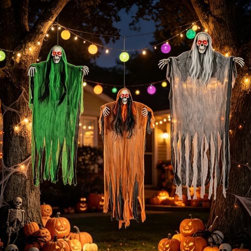 3 Pack Halloween Hanging Skeleton Ghost Decorations with Light Up Red Eyes - Image 7
