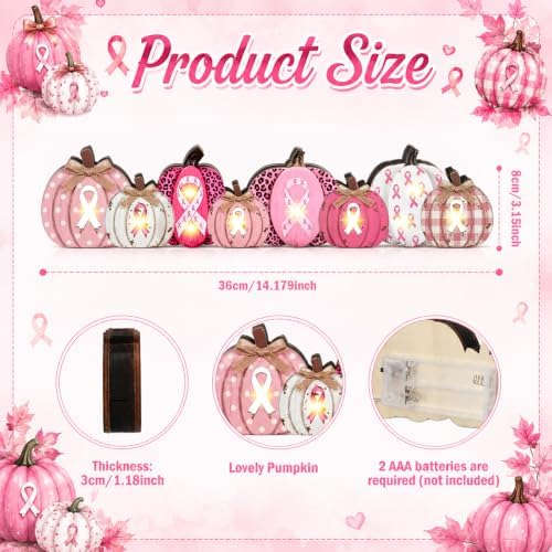 Yousoontic Breast Cancer Awareness Table Decorations, Light up 3D Wooden Pumpkin Table Centerpiece, LED Pink Ribbon Pumpkin Decor, Rustic Farmhouse Sign for Pink October Fall Mantel Desk Home Party - Image 4