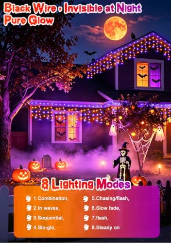 49FT 480LED Orange Purple Halloween Lights Outdoor 8 Modes Plug-in - Image 2