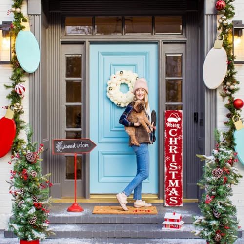 Merry Christmas Porch Sign Christmas Front Door Hanging Decorations Wooden Vertical Indoor Outdoor Standing Signs For Home Yard Farmhouse Holiday Decor 47 x 7.8 inch - Image 5