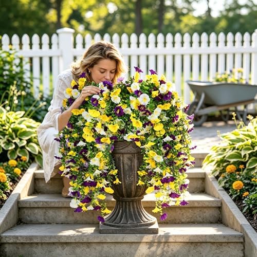 6 Pcs Artificial Hanging Flowers 30 Inch Mixed Color Yellow Purple White Morning Glory Vines UV Resistant Fake Hanging Plants Silk Hanging Flowers for Outdoor Garden Porch Patio Window Decor - Image 3