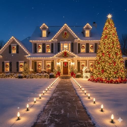 C9 LED Christmas Pathway Lights, 38FT Outdoor Warm White Pathway Markers Lights with 25 Stakes, Connectable Waterproof Outside Christmas Decorations for Xmas Party Decor Patio Yard Lawn, Garden - Image 5