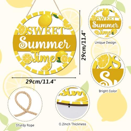 HOURIA 3D Lemon Wooden Door Sign,Sweet Summer Time Welcome Wreath Sign Front Door Decor,Summer Lemon Decorations for Home Kitchen Classroom,11.4"X11.4" - Image 2
