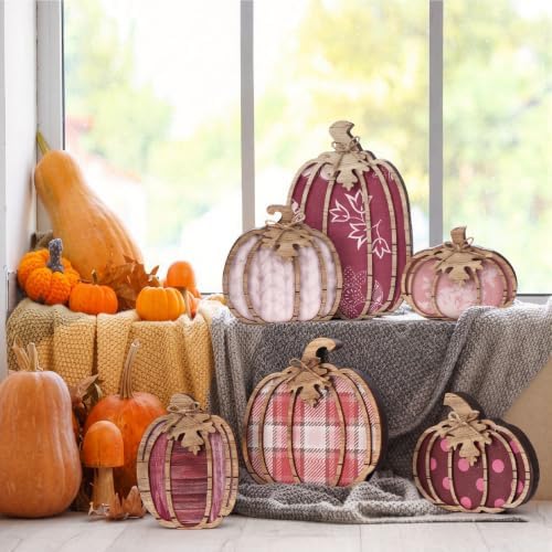 Leinuosen 6 Pcs Fall Pumpkin Decor for Home, Pink Pumpkin Tiered Tray Decor - Image 2