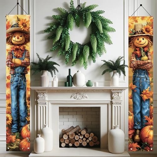 2PCS Fall Porch Sign Scarecrow Porch Banner Autumn Harvest Door Decoration Thanksgiving Front Door Decor Rustic Farmhouse Vertical Outdoor Hanging Banner for Porch Entryway 71 x 12 Inch - Image 5