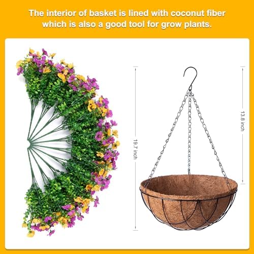 INXUGAO Artificial Silk Spring Flowers Hanging Basket for Outdoor Indoor, Daisy with Eucalyptus Leaves Arrangement for Yard Decor, Faux Green Plant in Metal Coconut Lining Pot(Purple Yellow) - Image 2