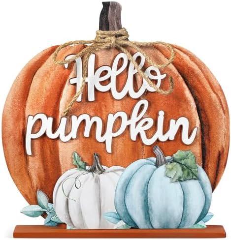Soaoo Thanksgiving Decoration Wooden Fall Hello Pumpkin Sign Autumn Pumpkin Table Decor 11 Inch Wooden Autumn Desktop Ornament for Thanksgiving Harvest Farmhouse Home Living Room(Orange, Farmhouse) by Soaoo