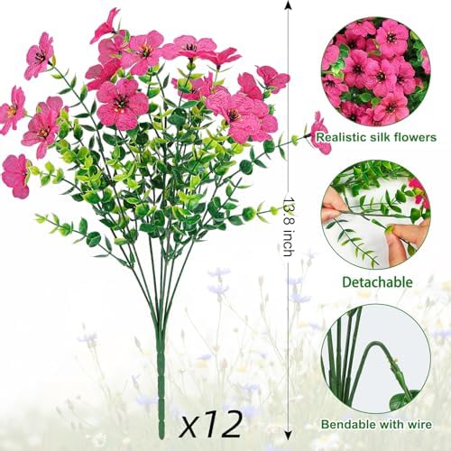 Ouddy Decor 12 Pcs Artificial Flowers for Outdoors Decorations, Rose Red - Image 2
