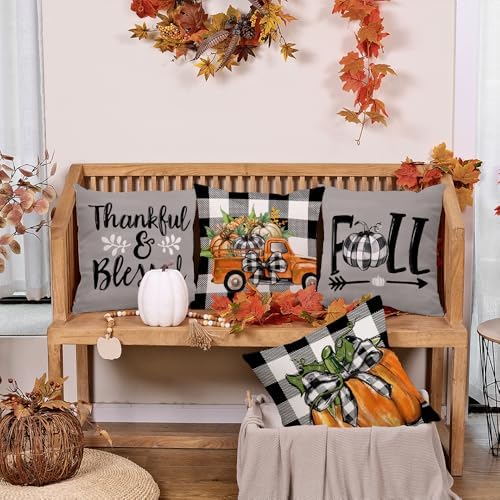 GEEORY Fall Decorative Throw Pillow Covers 18x18 Inch Set of 4, Pumpkins Thankful Blessed Buffalo Plaid Grey Fall Decor Outdoor Farmhouse Cushion Cases for Home G579-18 - Image 3