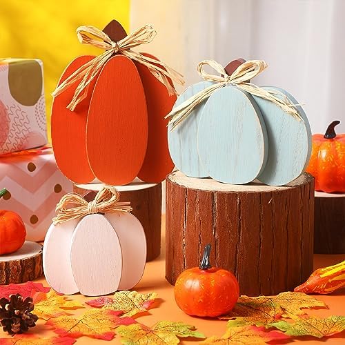 Faccito 3 Pcs Wooden Pumpkin Blocks Fall Table Centerpieces,Rustic Color - Image 7