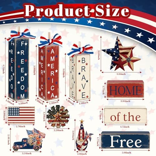Vercraft 11 Pcs 4th of July Table Decorations Set Patriotic Tiered Tray Decor Retro Red White Blue Wood Block American Flag Decor for 250th Anniversary Independence Day Home Office Shelf - Image 4