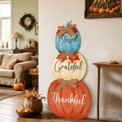 Whaline Fall Porch Decoration Blue Orange Stacked Pumpkins Wooden Standing Decor Harvest Outdoor Sign for Home Farmhouse Autumn Thanksgiving Welcome Sign - Image 6
