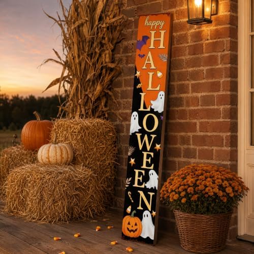 Happy Halloween Vertical Wooden Porch Sign, Spooky Ghost Pumpkin Bat Candy Tall Welcome Hanging Sign, 47.2 Inch Long Halloween Front Door Decor Hang or Lean Against Wall for Indoor Outdoor Farmhouse - Image 6