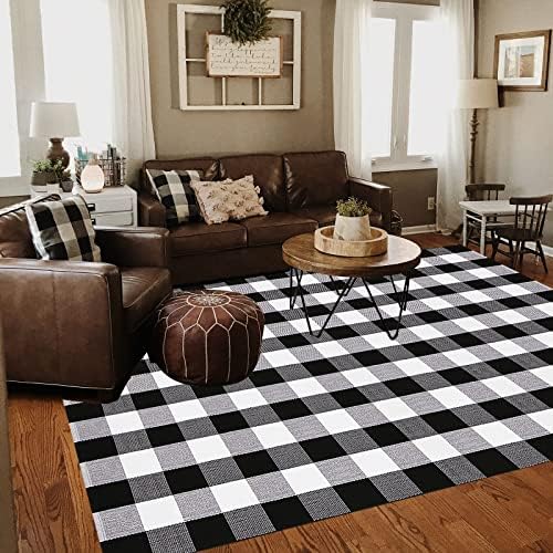 CAINANEL Buffalo Plaid Rugs 5' x 7' Cotton Black and White Check Rug Hand-Woven Indoor/Outdoor Area Rug for Welcome Door Mat, Front Porch,Kitchen,Bathroom,Entry Way,Living Room - Image 2