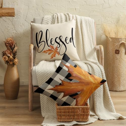 Fall Pillow Covers 20x20 Thanksgiving Farmhouse Decorations Buffalo Plaid Pumpkin Maple Leaf Outdoor Fall Decor Throw Pillow Covers Blessed Autumn Harvest Cushion Case for Sofa Couch Set of 4 - Image 4