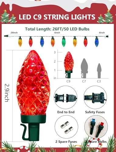 C9 Christmas Lights Outdoor, 26FT 50 LED Vintage Multicolor Plug in Fairy String Lights Waterproof, Connectable Christmas Tree Lights for Outside, House, Roofline, Yard, Garden Decor, Green Wire - Image 2