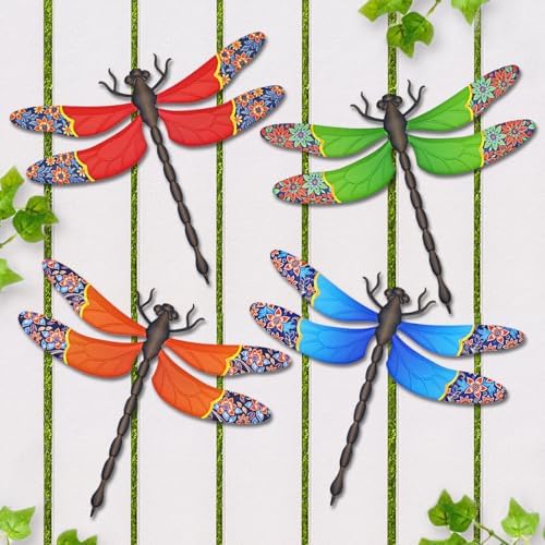 4 Pcs Large Outdoor Metal Dragonfly Wall Art Hanging Decorations by eoorau