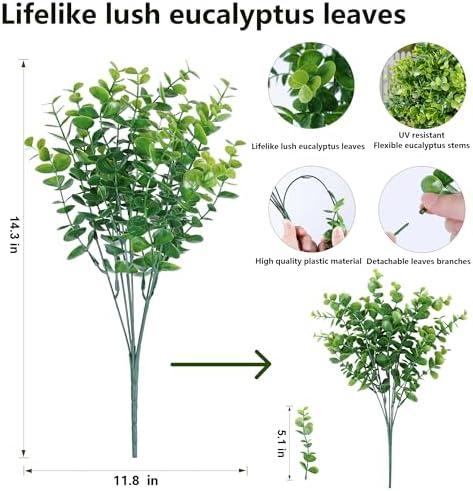 Artificial Faux Outdoor Plants for Spring Summer Decoration, 12 Bundles Fake Plastic Eucalyptus UV Resistant Look Real Fake Plants for Planter Outside Front Door Porch Patio Balcony Garden Indoor Yard - Image 6
