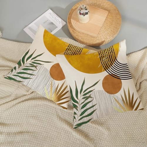 Boho Pillow Covers 18x18 Set of 2 Gold Yellow Sun Throw Pillows Summer Green Tropical Leaf Decor Mid Century Pillowcase Outdoor Decorations Bohemian Style Linen Cushion Case for Couch Home - Image 5