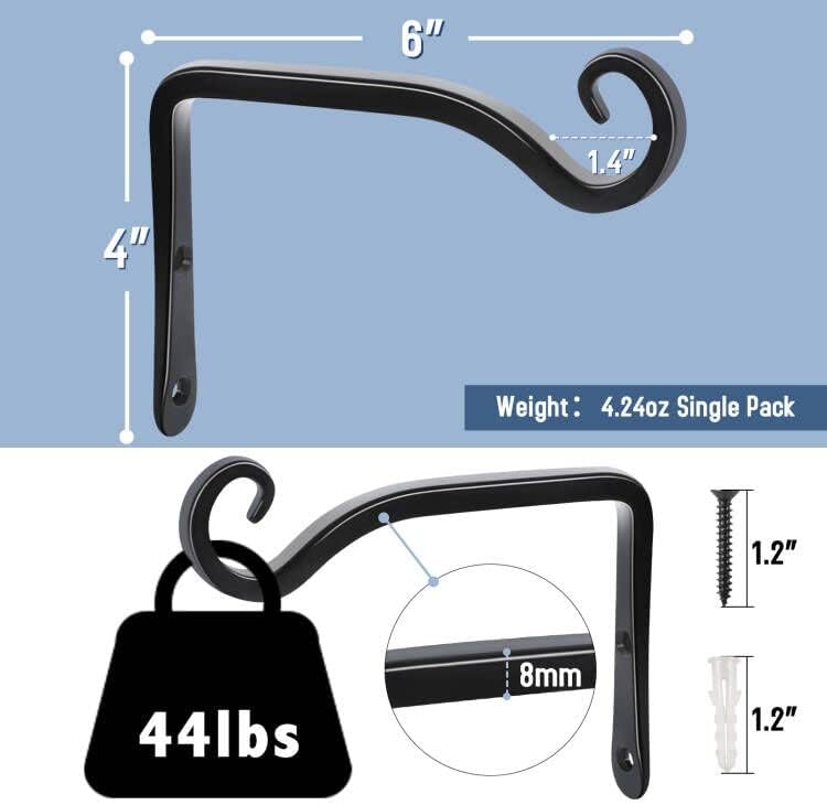 FEED GARDEN Heavy Duty Plant Hooks - 2 Pack 6 Inch Wall Mounted Hanging Brackets, 44lb Capacity Steel Plant Hangers for Bird Feeders, Baskets, Wind Chimes - Black - Image 2