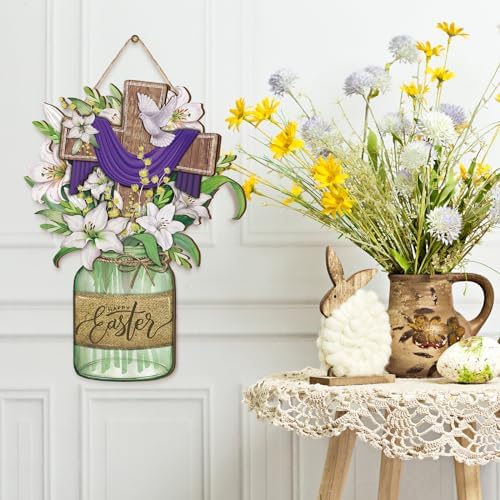 Boao Happy Easter Door Sign Plaque Easter Cross Wooden Hanging he is risen Door Sign Decorations Indoor Floral Spring Wall Hanger for Spring Party Indoor Outdoor Home - Image 4