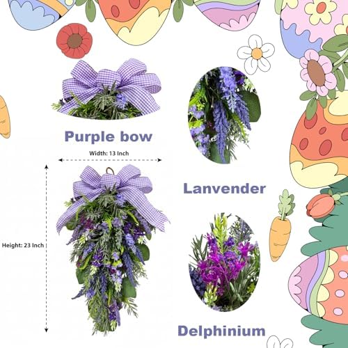 23 Inch Pre-lit Lavender Teardrop Swag, Farmhouse Spring Summer Teardrop with Purple Gingham Bow, Battery Operated with Timer & 10 Warm White Lights, Floral Decoration for Wall Door Farmhouse - Image 2