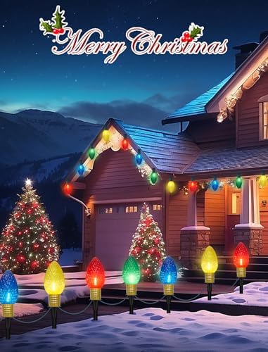 C9 Multicolor Christmas Decorations Outdoor Waterproof, 8FT Strawberry Jumbo Walkway Lights with 4 C9 LED Bulb, Connectable Marker Stakes Landscape Lights for Winter Yard Garden Lawns Xmas Holiday - Image 5