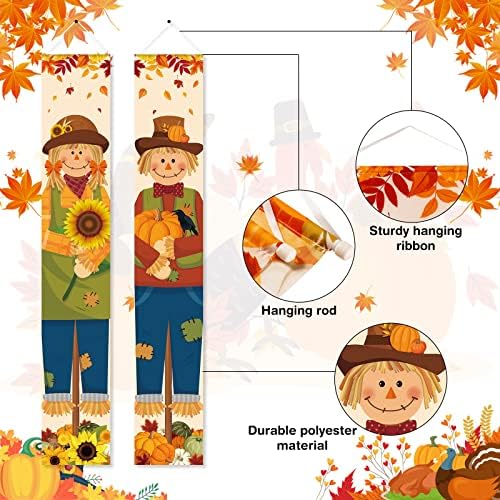 2 Pcs Thanksgiving Porch Sign Banner Fall Harvest Banner Autumn Scarecrow Maple Leaves Pumpkin Hanging Door Sign for Indoor Outdoor Home Party Decorations, 12 x 71 Inch - Image 5