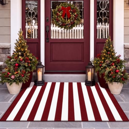 Duraaamo Christmas Burgundy White Striped Rug 3' x 5' for Outdoor Decor by Duraaamo
