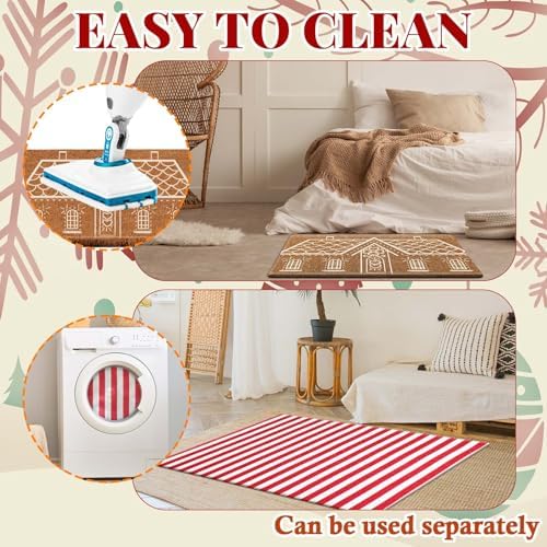 Duraaamo 2 Pcs Christmas Gingerbread House Door Mat Outdoor Christmas Nature Coir Welcome Rug Red White Stripe Outdoor Rug for Front Porch Indoor Entrance Decor - Image 5