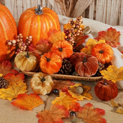 Artmag 51 PCS Artificial Fabric Pumpkins, Fall Harvest Decorations with Acorns, Pinecones, Berries, Maple Leaves for Fall Thansgiving Halloween Decoration - Image 4