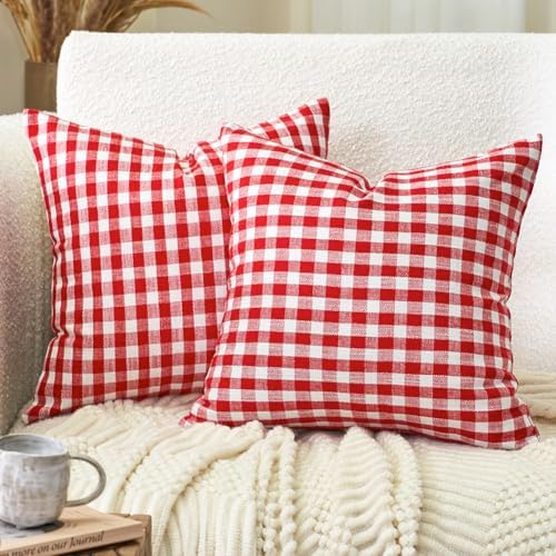 Red White Gingham Plaid Christmas Euro Pillow Sham Covers 26x26 Set of 2 by CARRIE+HOME