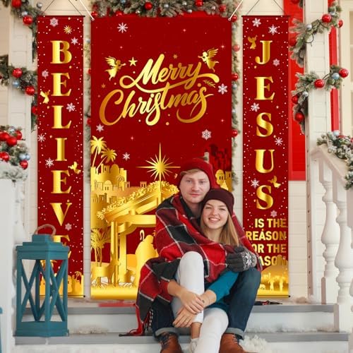 Oudain 3 Pack Christmas Decorations Jesus Door Cover Porch Sign Banner - Image 3