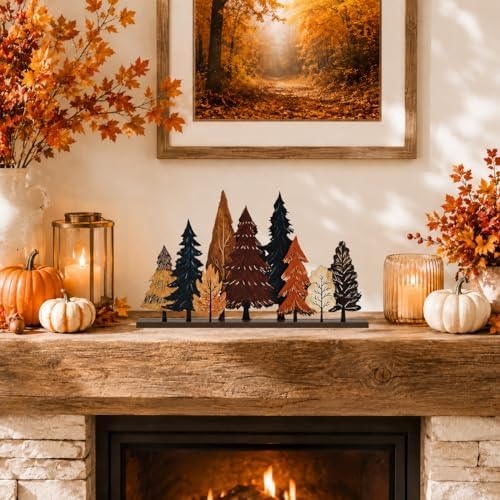 Smile Fall Thanksgiving Wooden Standing Decor, Autumn Forest Maple Pine Tree Tiered Tray Signs with Stands for Rustic Farmhouse Home Kitchen Shelf Decor - Image 3