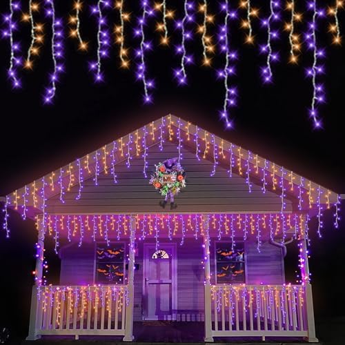 YEGUO 33ft 400 LED Orange and Purple Icicle Halloween Lights, 80 Drops Icicle Lights Connectable, 8 Modes Icicle Christmas Light with Memory Timer by YEGUO