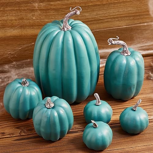Lizxun 7Pcs Artificial Pumpkins Halloween Decoration, Lifelike Simulation Mixed Harvest Fall Foam Pumpkins for Halloween Thanksgiving Home Party Supplies (Cyan 01-7pcs) - Image 3