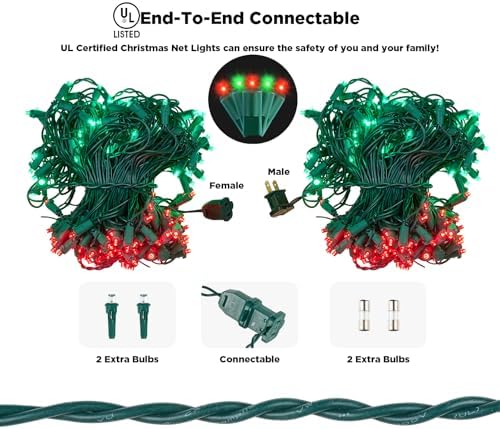 Led Net Lights Christmas Lights Outdoor 200Led 9ftx6ft Upgraded Red and Green Christmas Net Lighting, Waterproof 5mm LED Wide Angle Outdoor Indoor Mesh Net Light for Trees, Bushes, Shrubs Decorations - Image 4