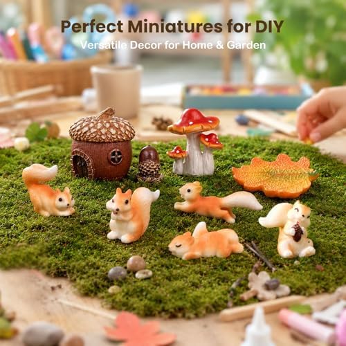 Fairy Garden Accessories, 9 Pieces Squirrel Resin Figures with Pinecone House Mushroom Leaf, Handmade Miniature Decor, Garden Miniatures Decors for Outdoor Home, Perfect DIY Gift - Image 4