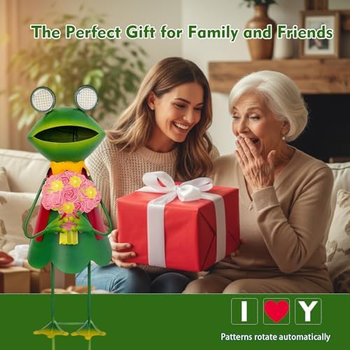 HONGLAND Solar Garden Statues 21" Loving Metal Frog Garden Decor Figurine Lights with LED Eyes for Patio, Balcony, Yard Ornament, Birthday Gifts for Women Grandma, Mother's Day - Image 4